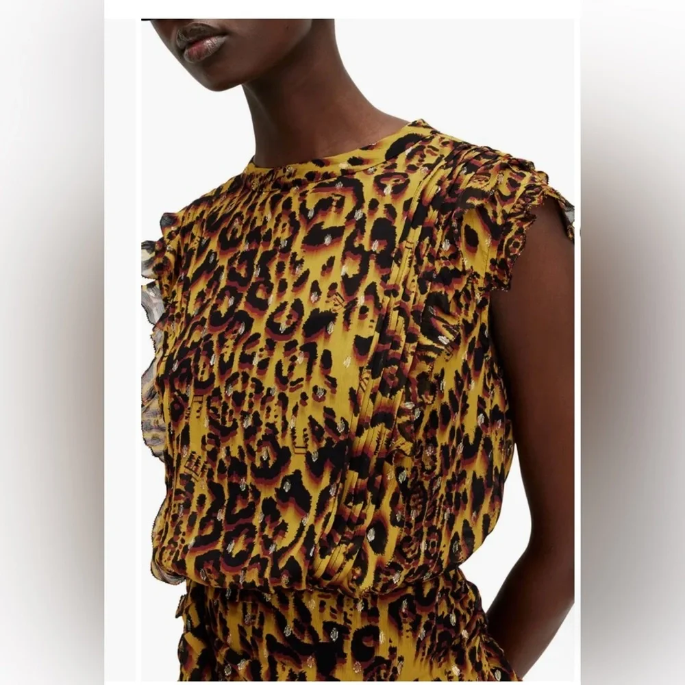 All Saints Hali Pleated Leopard Notes Yellow Multi Mini Dress Size 8 NWT - Picture 5 of 16